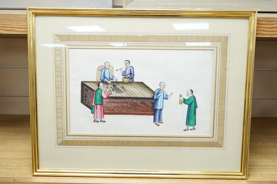 Chinese School, pair of pith paper paintings, to include Figures hunting, together with a pair of paintings on leaves, Birds of paradise amongst flowers, largest 19 x 31cm. Condition - fair
